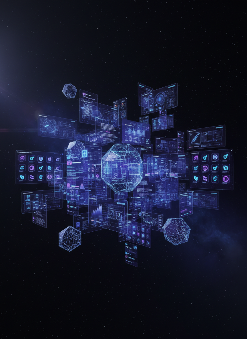 A vast holographic marketplace interface floats in a dark, star-filled void, composed of translucent panels displaying crypto tokens, service cards, and project dashboards in electric blues and deep violets. Sleek, glowing geometric icons orbit the central hub like miniature planets, their surfaces etched with subtle blockchain-style circuitry. Cinematic, low-key lighting creates a strong contrast between the illuminated UI elements and the inky black background, with faint nebula clouds adding cosmic depth. Shot from a wide, slightly elevated angle with a subtle lens flare and shallow depth of field that leaves distant panels softly blurred. The mood is futuristic, mysterious, and ambitious, suggesting a powerful crypto marketplace in a sophisticated, cinematic digital cosmos.